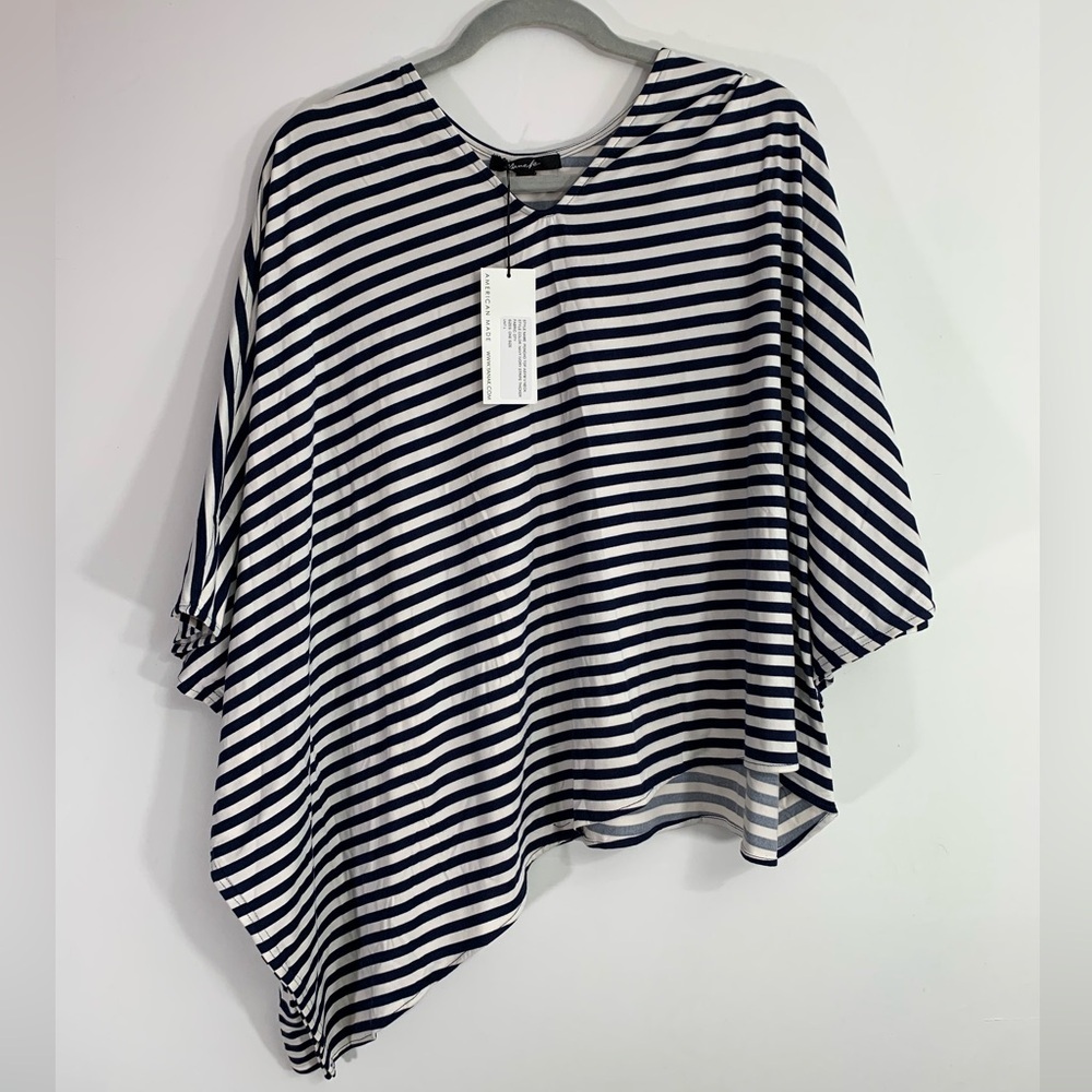 NEW Yana K Poncho‎ Top Asymmetrical Navy Ivory Stripe One Size